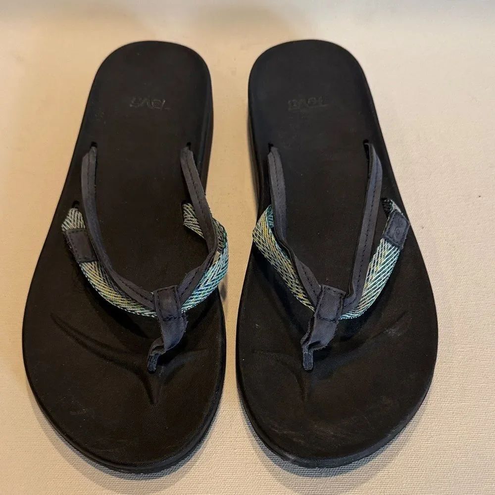 Teva Black Flip Flops with Blue-Green Braided Straps
